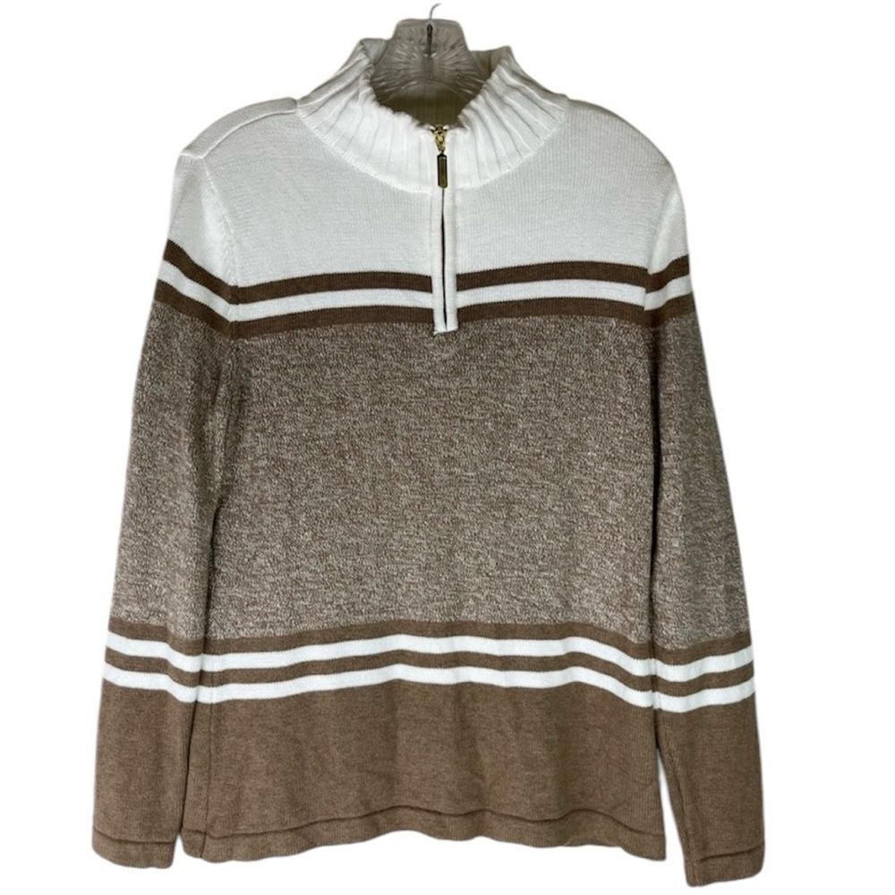 Karen Scott Mapleton Sweater Women’s White Brown 1/4 Zip Pullover Cotton Stripe